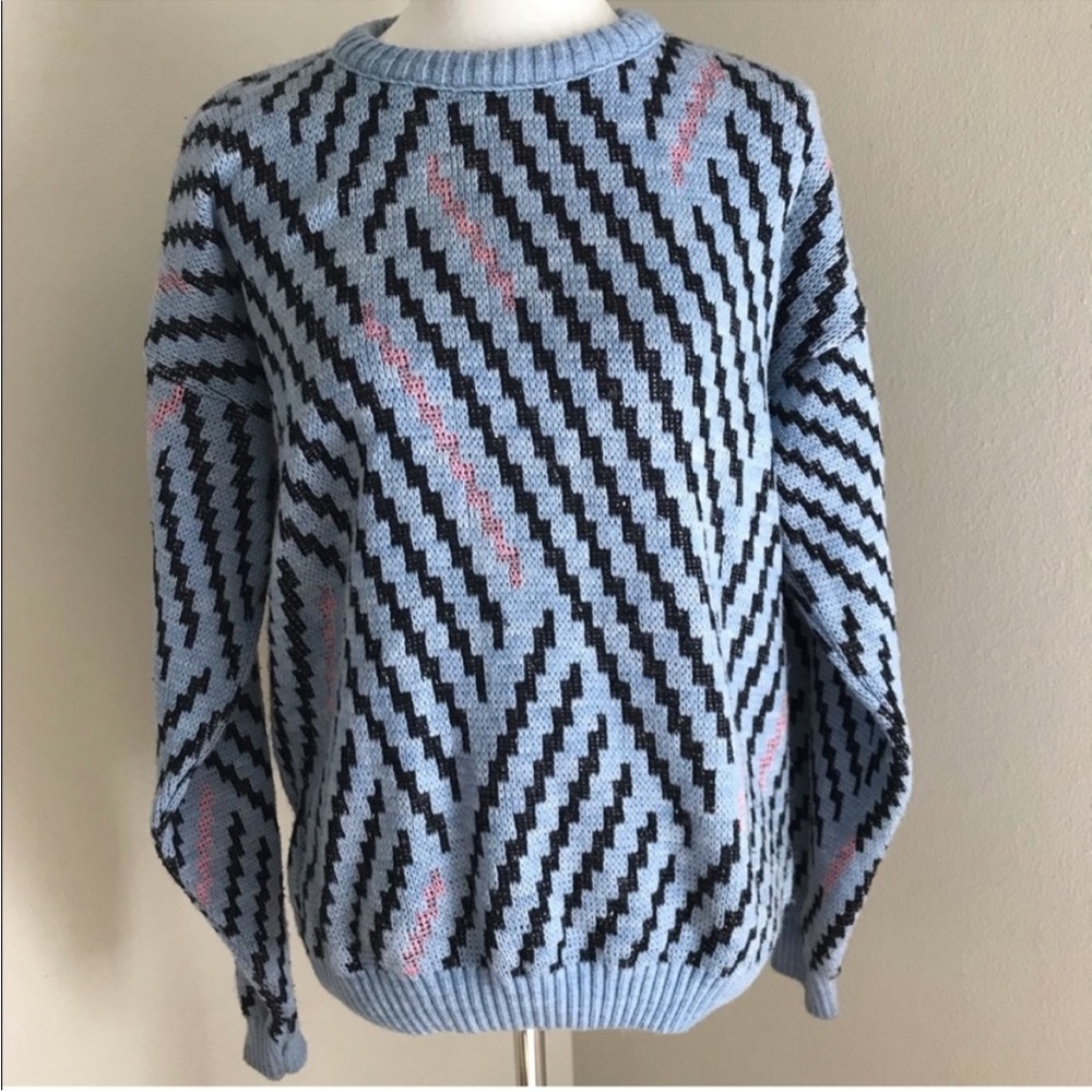 Vintage Etoile Pullover Sweater 80’s Crew Neck Geometric Blue Black Pink Medium